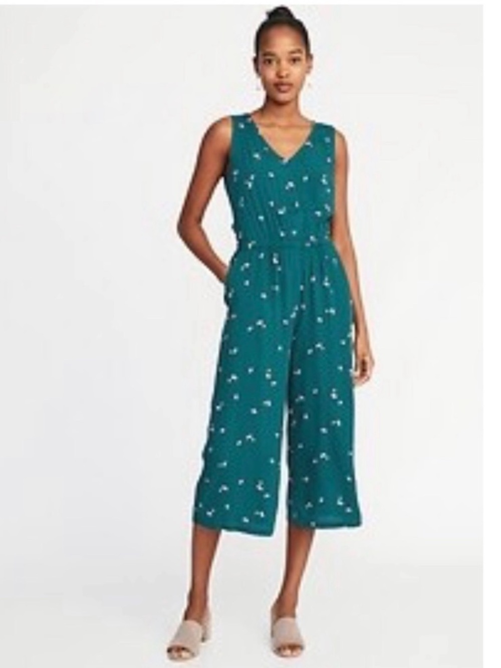 Old Navy Teal V-Neck Floral Sleeveless Jumpsuit